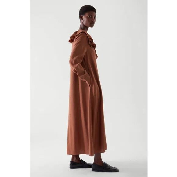 COS Allmira Dress Ruffled V-neckline Maxi Women's Size 4 Brown Fall - Picture 2 of 13